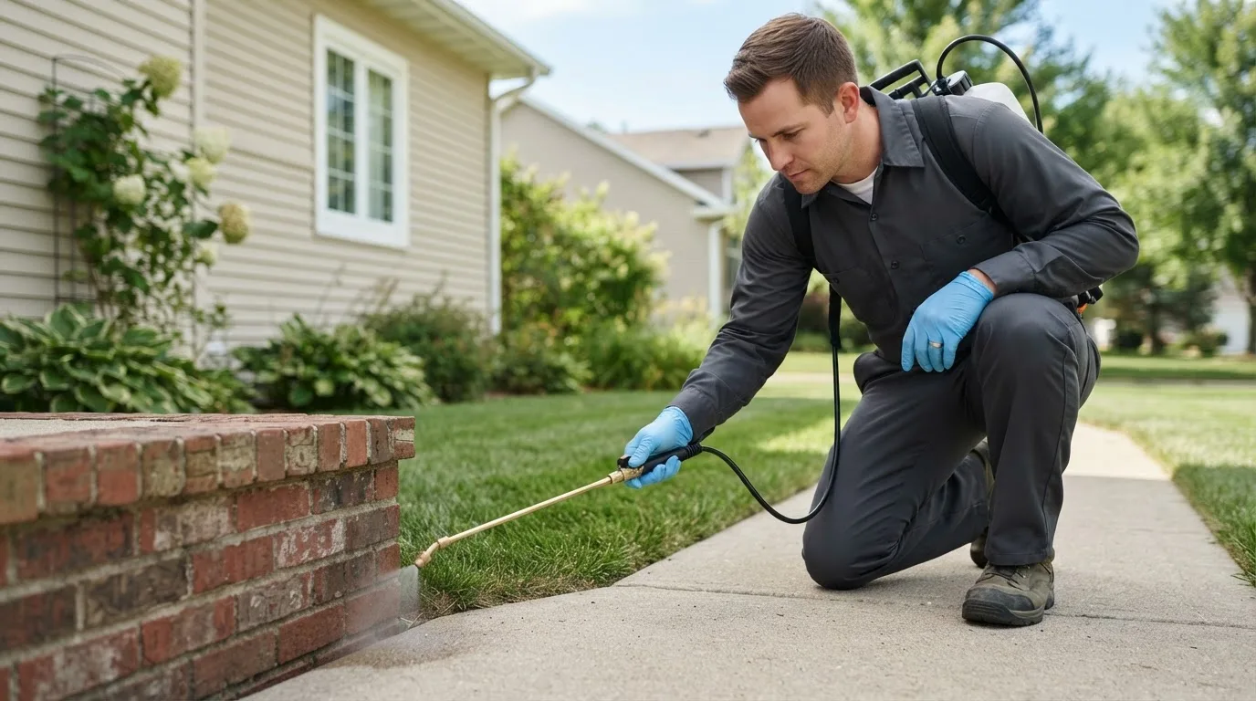 Pest control technician treating a home near Chester, IA