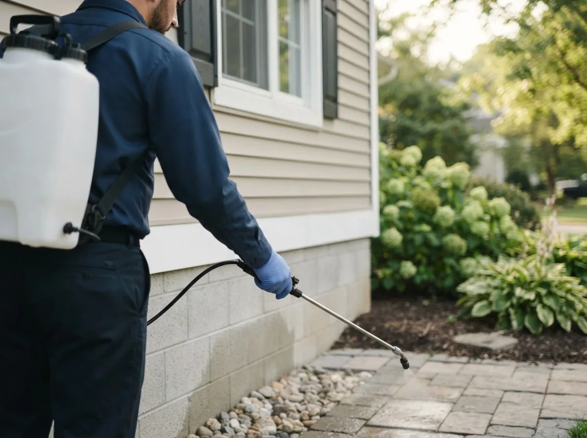Pest control technician inspecting a home in Chester, IA